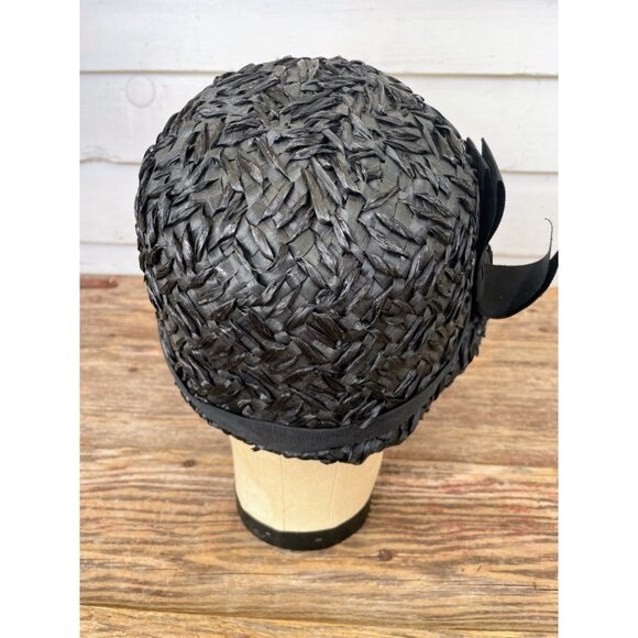 Vintage 1960s Black Raffia Straw Raffia Cloche' Womens Hat MOD - Picture 11 of 13